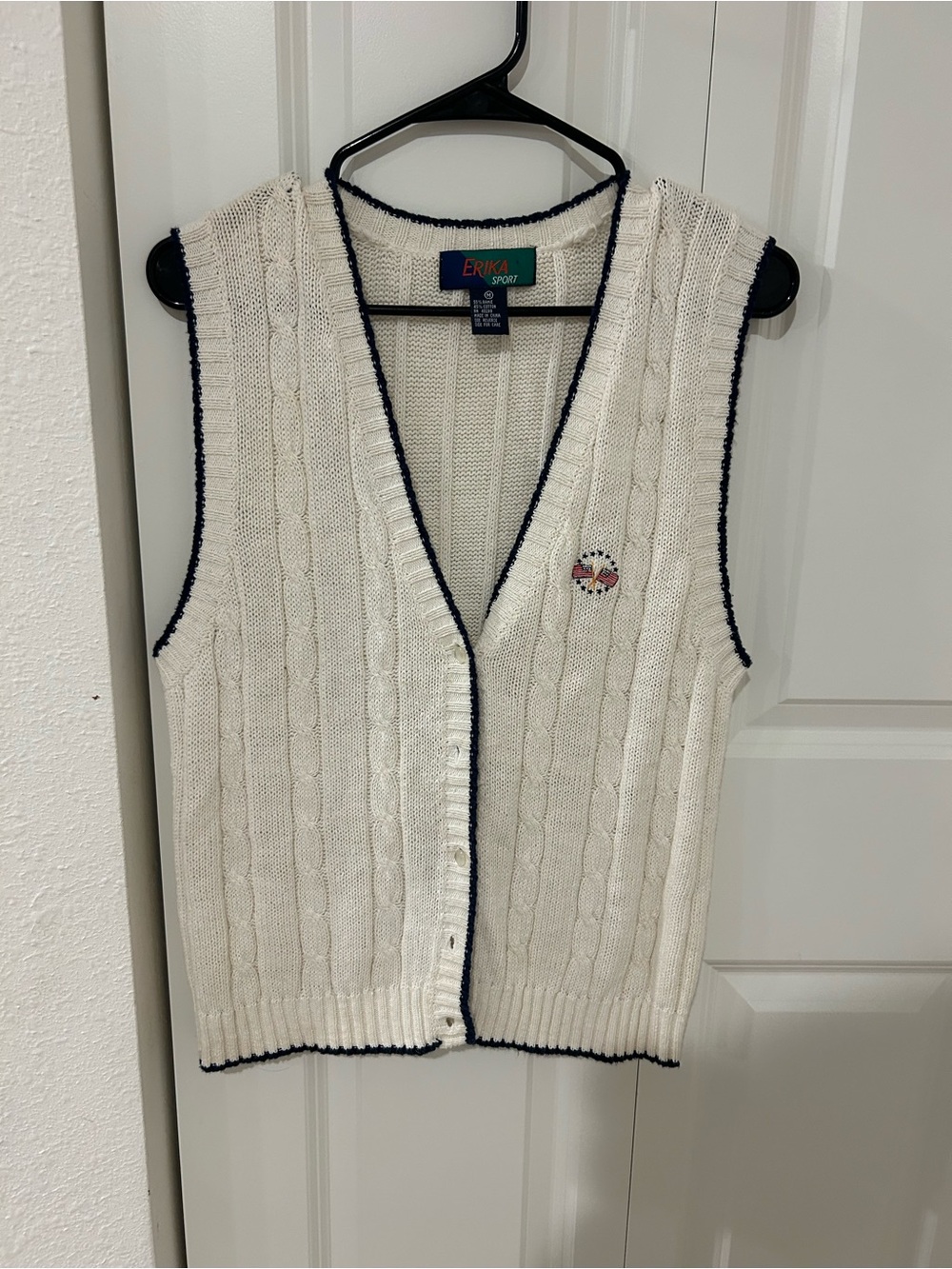 Erika Cream Cable-Knit V-Neck Vest with Navy Trim
